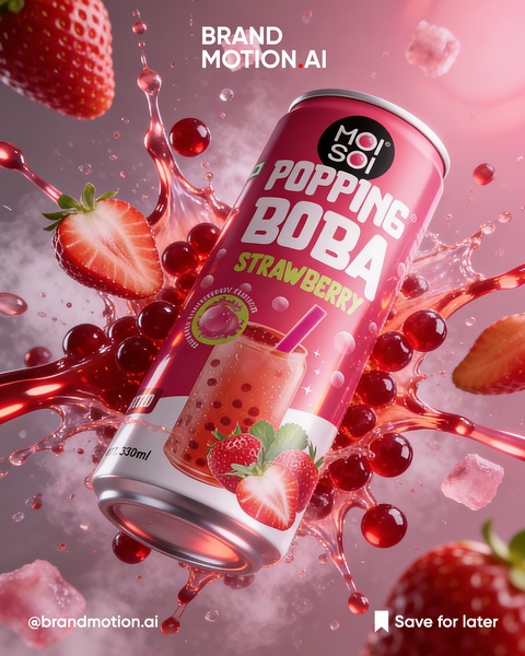 A high-energy, macro-style product advertisement featuring a strawberry popping boba drink surrounded by dynamic splashes and fresh fruit.