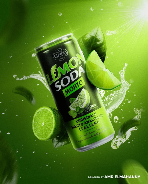A high-end, studio-lit hero shot of a Lemon Soda can surrounded by lime slices, fresh leaves, and liquid splashes on a vibrant green background.
