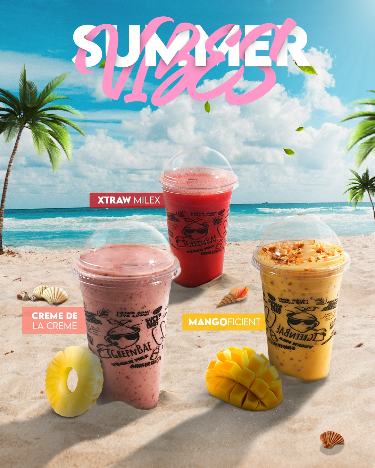 A vibrant 4:5 social media creative featuring three colorful smoothies on a beach backdrop, emphasizing a refreshing summer aesthetic.