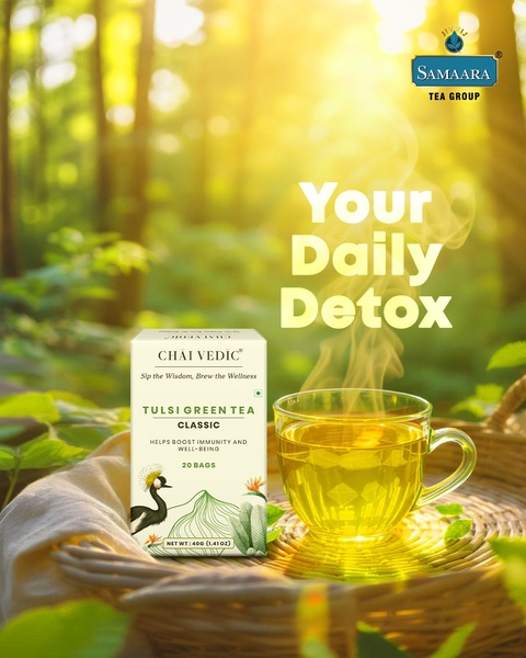 A serene, nature-inspired visual of Tulsi Green Tea served in a glass cup, emphasizing wellness and daily routines.