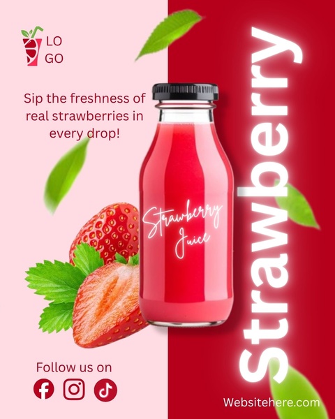 A high-contrast, minimalist advertisement featuring a single bottle of strawberry juice flanked by fresh strawberries on a split pink and red background.
