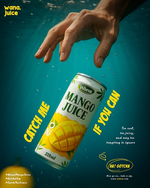 A creative showing a hand reaching underwater for a can of mango juice, using playful copy to build desire.