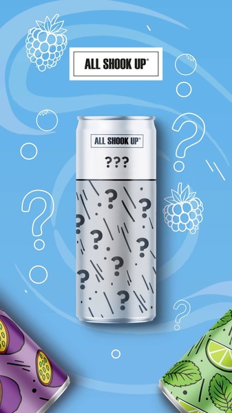 A 9:16 mystery-themed graphic featuring a can surrounded by question marks, teasing a new fruit-based beverage flavor.