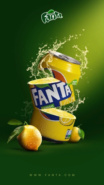 A dynamic 9:16 vertical creative showing a lemon soda can being split by a liquid splash, surrounded by fresh lemons on a dark green background.