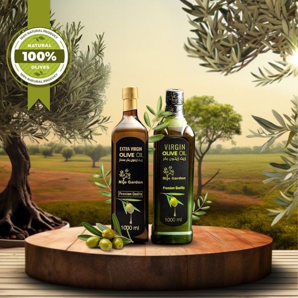 This creative showcases two premium olive oil bottles on a wooden platform against a sun-drenched olive grove background, emphasizing a natural, high-quality aesthetic.