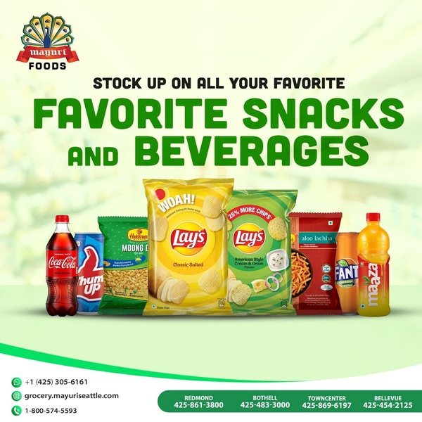 A 1:1 format ad showcasing an array of snack brands and beverages, emphasizing local store availability and inventory variety.