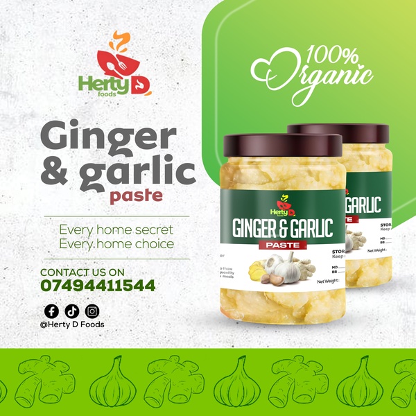 A clean, minimalist product hero ad featuring Ginger & Garlic paste jars, highlighting organic quality with a clear contact call-to-action.
