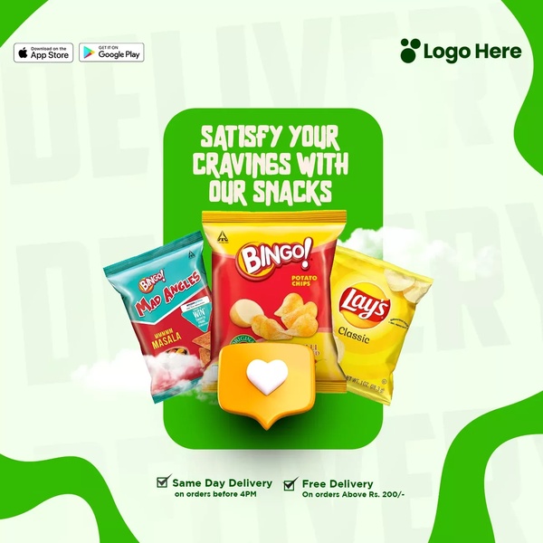A square-format ad creative featuring a central grouping of popular snack products with a 'like' icon, emphasizing ease of delivery and instant satisfaction.
