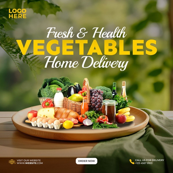 A high-quality product photography display of fresh vegetables, fruits, and essentials on a wooden tray, optimized for clear promotional messaging.
