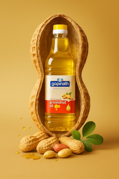 This ad creative positions a cooking oil bottle inside a massive peanut shell, emphasizing the natural source of the product through a clean, studio-lit aesthetic.