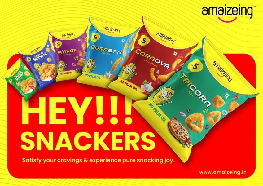 This 3:2 creative showcases five distinct corn-based snack variants arranged in a semi-circle, emphasizing product variety with vibrant, high-contrast branding.