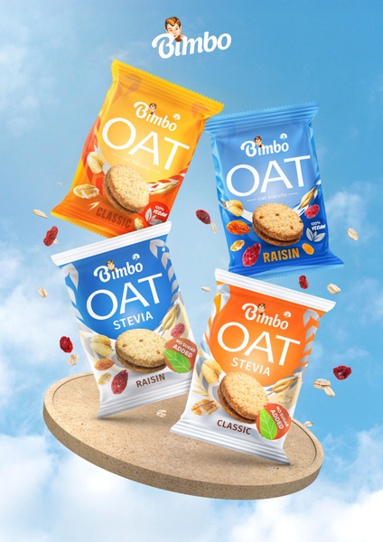A vibrant 3:4 aspect ratio ad showcasing four packages of oat biscuits floating against a clear sky background, surrounded by floating oats and berries.