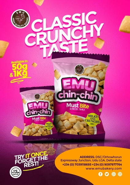 A high-impact 3:4 product hero advertisement featuring two sizes of chin-chin packaging against a bold, vibrant magenta background.