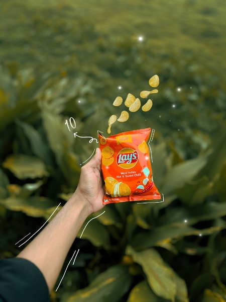 A 3:4 aspect ratio ad showcasing a bag of potato chips held in a hand against a natural green backdrop with illustrated floating chip elements.