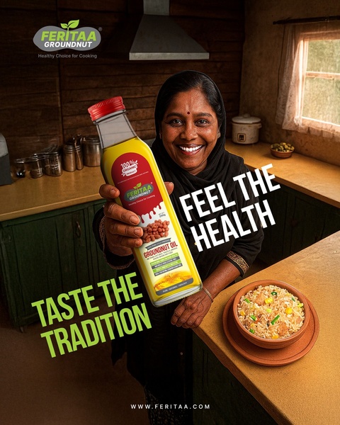 A warm, high-trust ad featuring a person presenting a bottle of groundnut oil alongside a prepared bowl of traditional food.