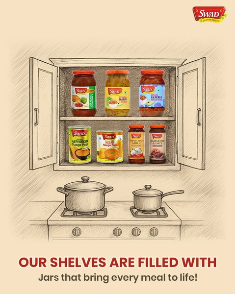 A clever 4:5 illustrated kitchen scene placing various food jars on shelves to emphasize daily meal utility.