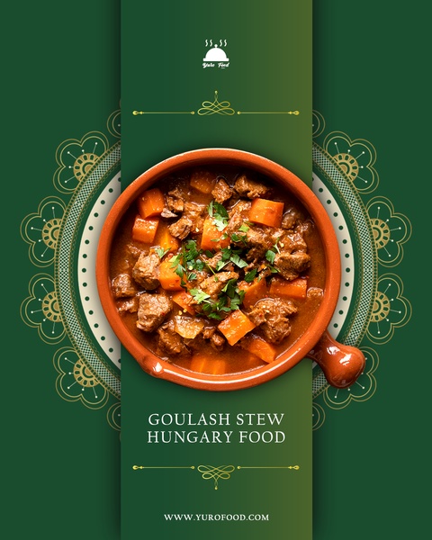 A high-quality, centered shot of Goulash stew in a ceramic bowl, framed by a decorative mandala-inspired pattern on a deep green background.