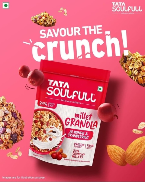 A high-contrast 4:5 vertical ad featuring Millet Granola with flying ingredients and bold text to emphasize crunch.