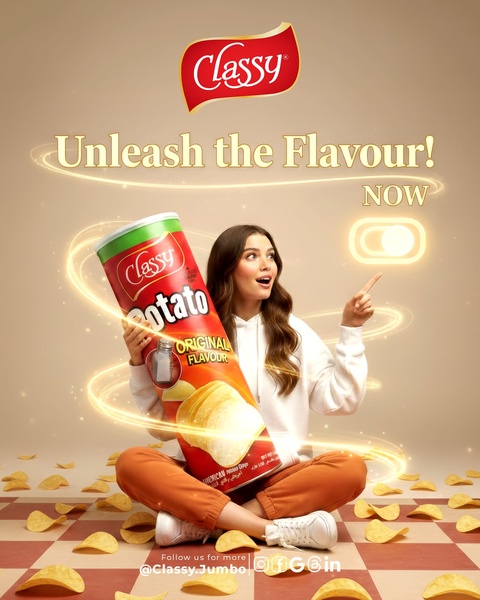 A vibrant 4:5 social creative showcasing a jumbo potato chip tube with dynamic, glowing light accents and a model inviting engagement.