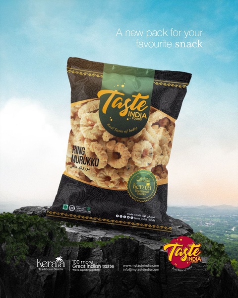 A high-fidelity product hero shot of a Ring Murukku snack bag placed on a rugged, natural stone surface against a bright, clear sky.