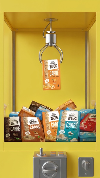 A creative visual of a yellow claw machine interior showcasing Toren Wafers in various flavors, positioned as a prize to be won.