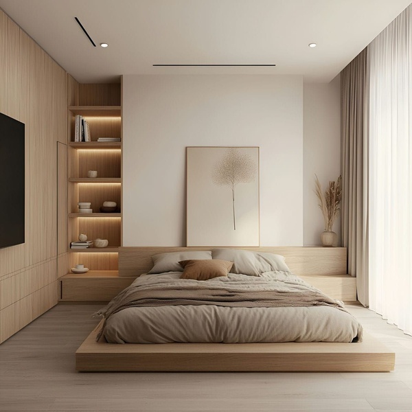 A high-quality 1:1 image of a minimalist platform bed in a neutral, modern bedroom featuring built-in shelf lighting and soft textures.