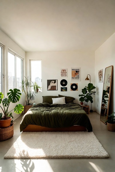 A high-quality lifestyle shot featuring a dark olive duvet cover in a serene, plant-filled bedroom setting.