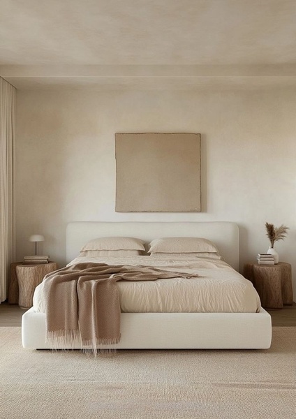 A high-end, monochromatic bedroom interior featuring an upholstered bed, textured bedding, and natural wood accents to evoke serenity and luxury.