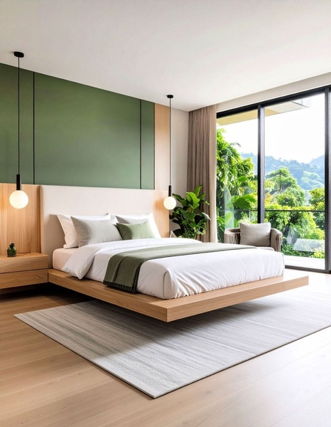 A high-end bedroom interior showcasing a floating bed frame design, clean lines, and a natural, calming color palette for a premium brand aesthetic.