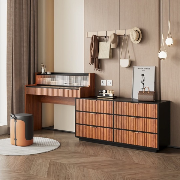 A high-quality 1:1 image featuring a wooden dresser and matching vanity desk arranged in a modern, organized bedroom space.
