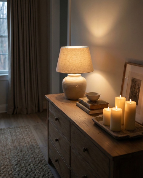 A high-end product lifestyle shot featuring a table lamp and candles on a wooden dresser to emphasize warm, cozy home aesthetics.