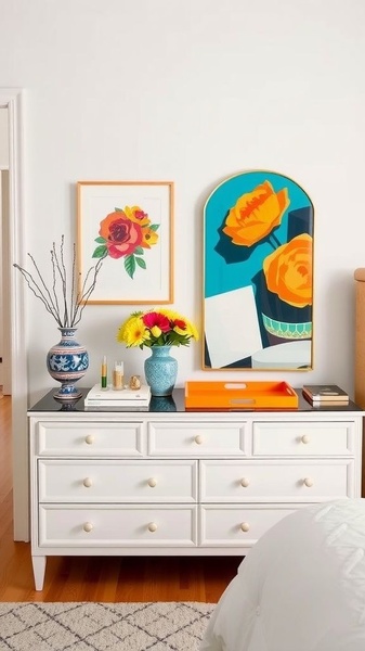 A high-end styling shot of a white dresser featuring balanced decor, vibrant artwork, and a professional, aspirational interior design mood.