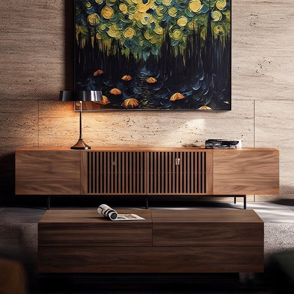 A refined, eye-level shot of a modern wooden media console paired with a moody, artistic painting to evoke a luxury lifestyle aesthetic.