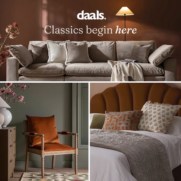 A high-end furniture brand ad featuring a multi-panel layout showing a living room sofa, a velvet chair, and a bedroom setting to convey a complete lifestyle look.