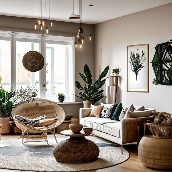 This creative showcases a stylish wicker armchair in a sun-drenched, natural interior setting to communicate premium comfort and organic living.