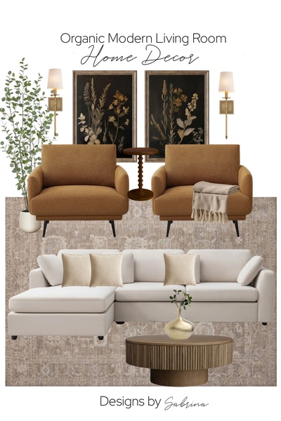 A curated flat-lay mood board featuring an organic modern living room set including a sectional sofa, armchairs, and matching decor.