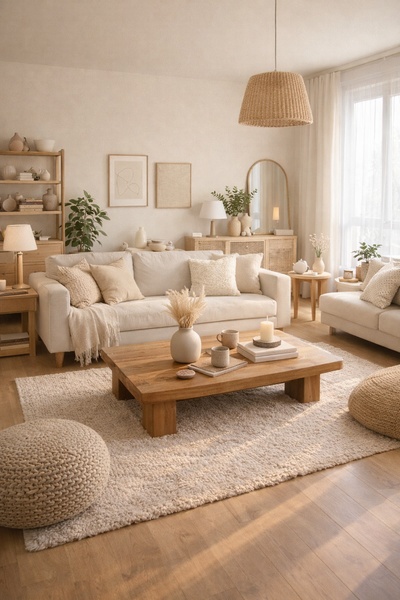 A bright, airy living room featuring a neutral beige sofa, wooden coffee table, and soft, natural textures designed for an aspirational lifestyle brand.