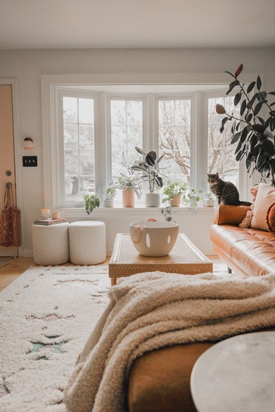 A high-quality lifestyle shot of a modern living room featuring a textured area rug, a leather sofa, and soft natural lighting to create a calm atmosphere.