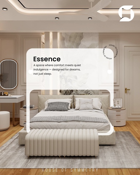 A high-end bedroom interior shot featuring soft lighting and a minimalist, aspirational design language.