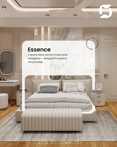A high-end interior design shot showcasing a neutral, minimalist bedroom set with a focus on premium textures and clean, symmetrical lines.
