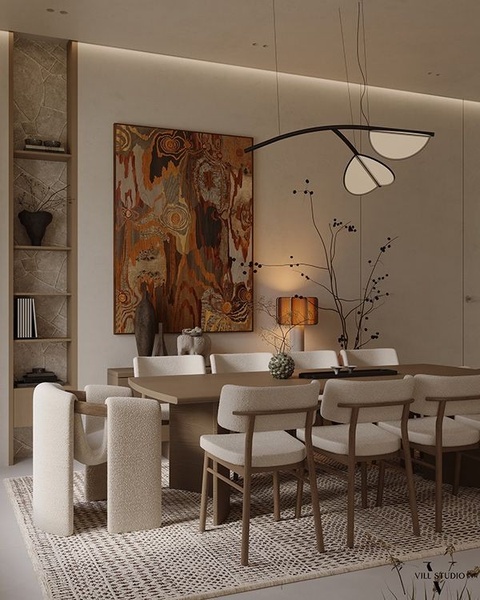 This creative showcases a high-end dining area with textured chairs, soft ambient lighting, and a neutral, sophisticated color palette.