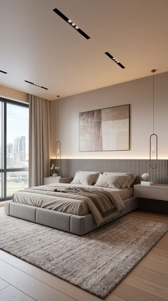 A high-end interior photography shot of a minimalist bedroom featuring soft lighting, a modern platform bed, and neutral textures.