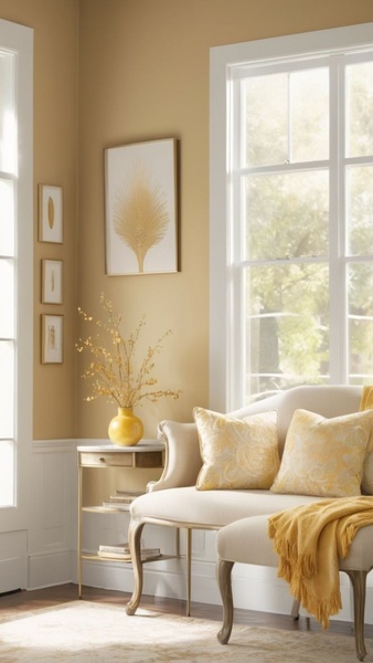 A high-end, lifestyle-focused ad creative for an upholstered bench, utilizing warm yellow tones to evoke a cozy and sophisticated mood.