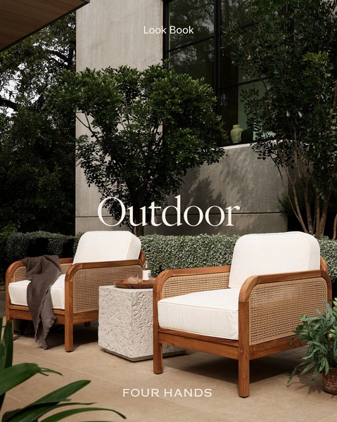 A refined lifestyle creative showcasing premium wooden outdoor lounge chairs with white cushions in a sophisticated backyard patio setting.