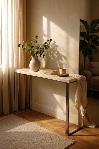 A refined, warm-toned product photography shot showcasing a modern console table staged with a vase, books, and soft light in a minimalist home setting.