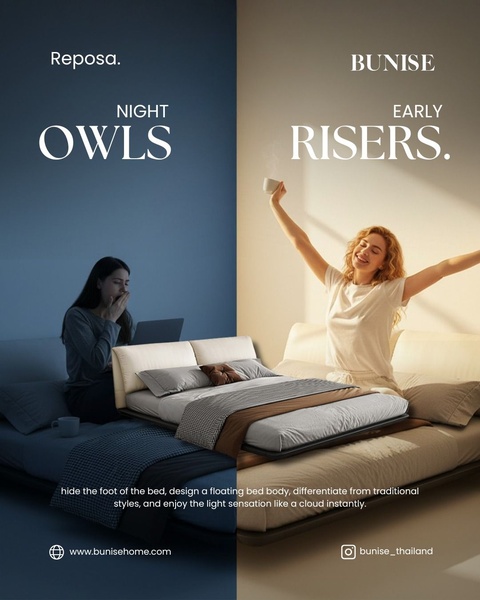 A 4:5 vertical ad creative showcasing a floating bed design through a dual-color palette that contrasts nighttime exhaustion with morning vitality.