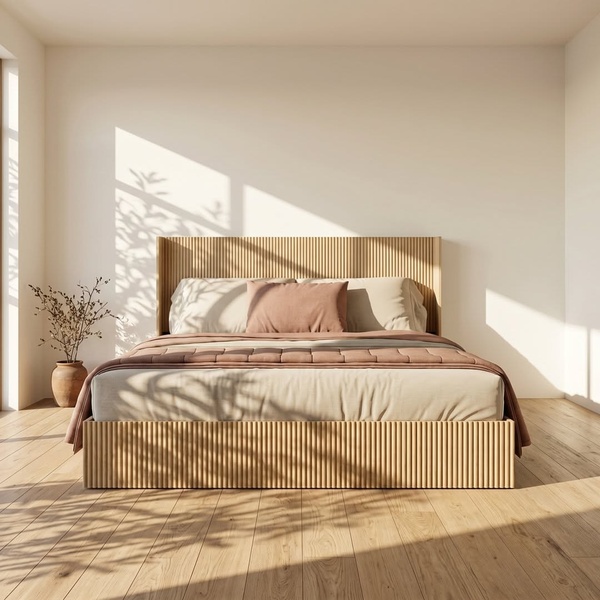 A high-quality 1:1 image featuring a slatted wooden bed frame in a sun-drenched, neutral-toned room.