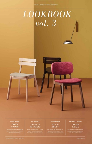 A minimalist, high-end lookbook layout showcasing a new seating line against a warm, monochromatic backdrop.