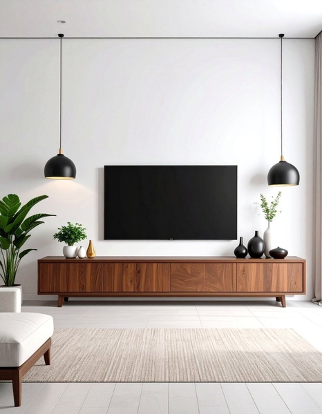 A high-end, clean interior shot of a wooden media console positioned under a mounted television with symmetric pendant lighting.