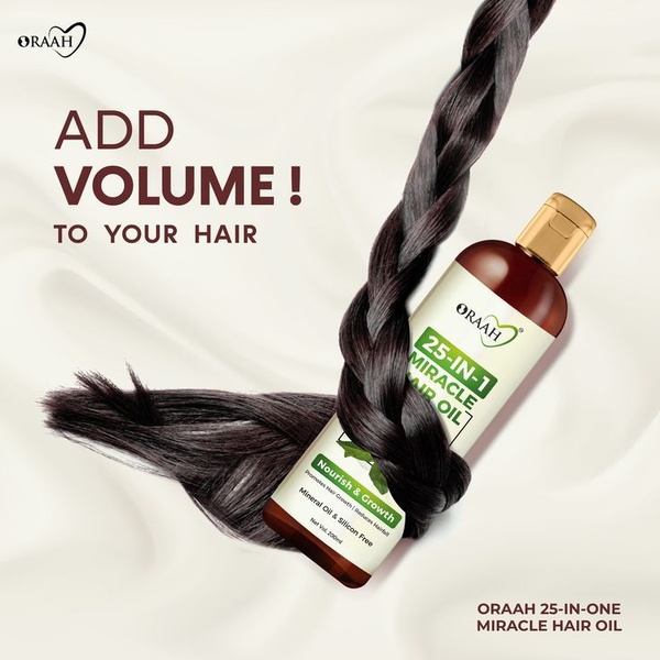 A clean, minimalist 1:1 square ad featuring a 25-in-1 hair oil bottle centered with a braid to visually demonstrate the volume benefit.